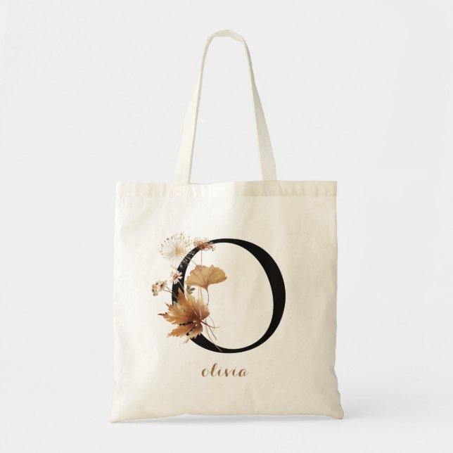 Floral Modern Personalized Monogram Letter "O" Tote Bag (Front)
