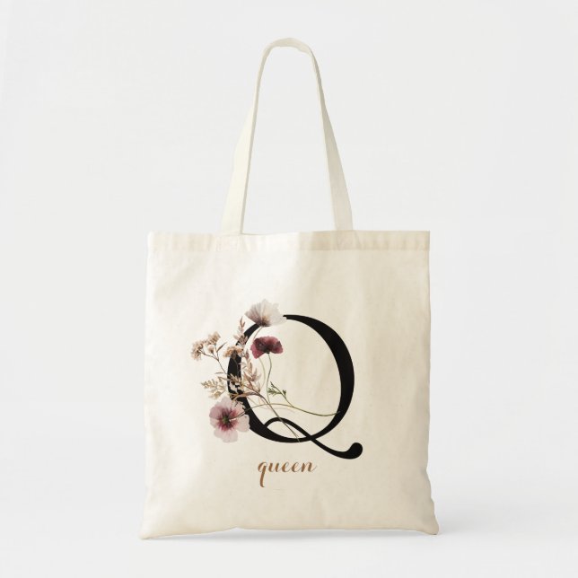 Floral Modern Personalized Monogram Letter "Q" Tote Bag (Front)
