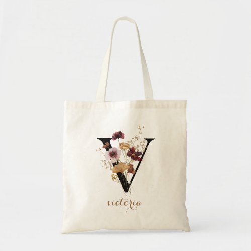 Floral Modern Personalized Monogram Letter V Tote Bag