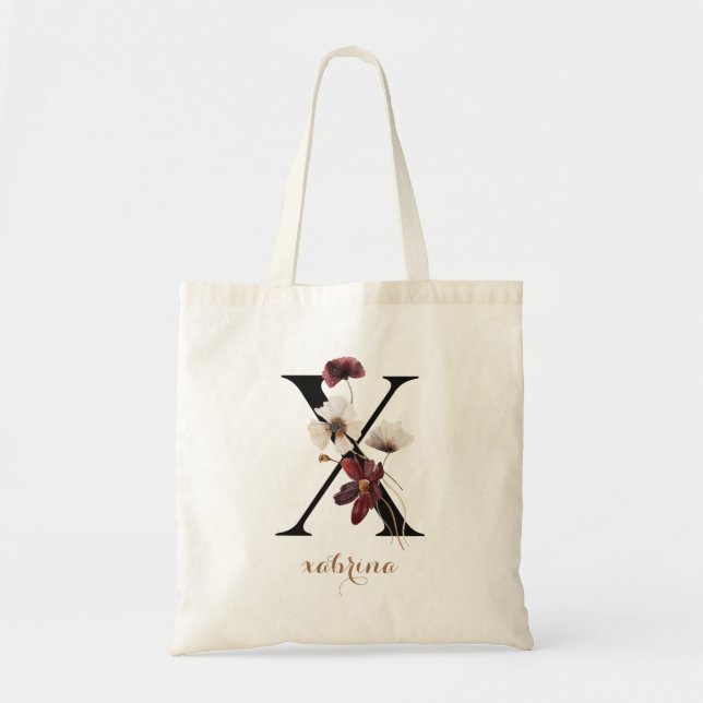 Floral Modern Personalized Monogram Letter "X" Tote Bag (Front)