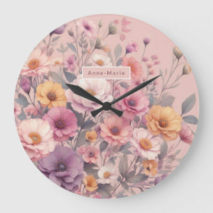 Floral modern rose pink girly elegant stylish  large clock