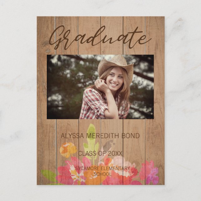 Floral Modern Rustic Wood Photo Graduation Postcard (Front)