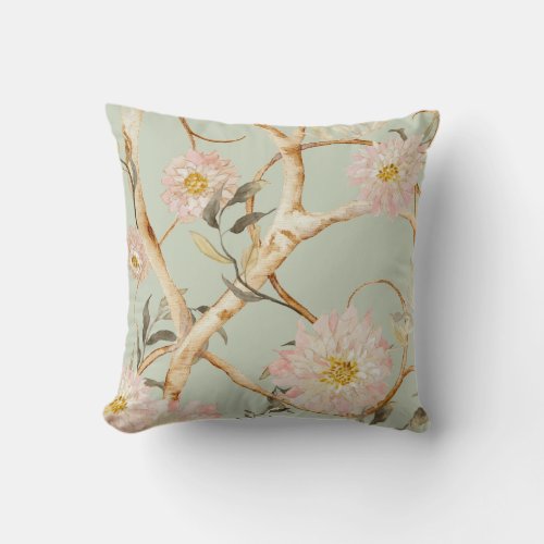 Floral Modern Sage Green Chinoiserie Watercolor Throw Pillow