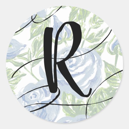 Floral Modern Script Blue Rose Monogram Initial Classic Round Sticker ...