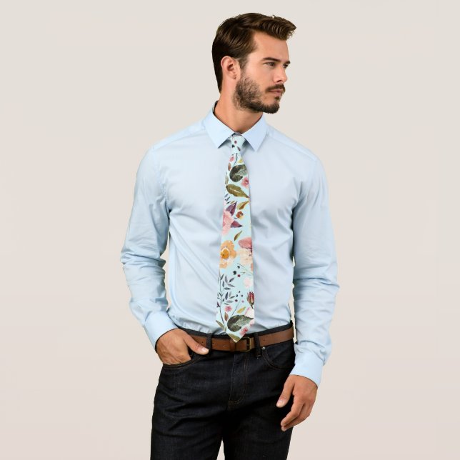 Floral Modern Summer Flower Pattern on Teal Neck Tie (In Situ)