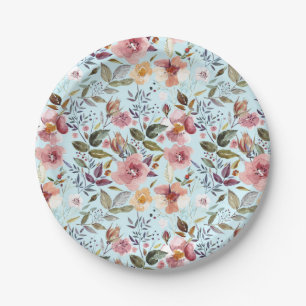 Floral Modern Summer Flower Pattern on Teal Paper Plates
