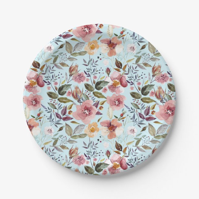 Floral Modern Summer Flower Pattern on Teal Paper Plates (Front)