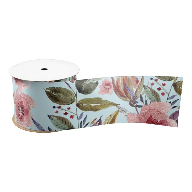 Floral Modern Summer Flower Pattern on Teal Satin Ribbon (Spool)