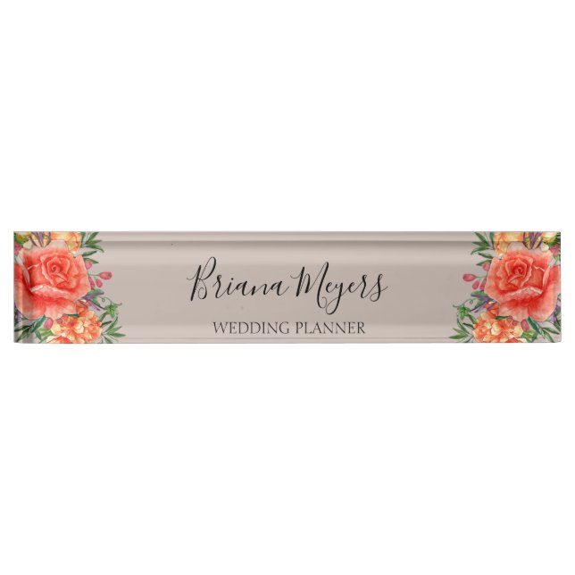 Floral Modern Taupe Business Desk Name Plate (Front)