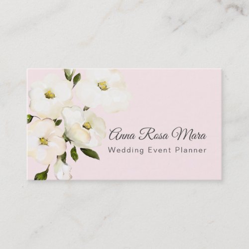  Floral Modern Watercolor White Roses Pink Business Card