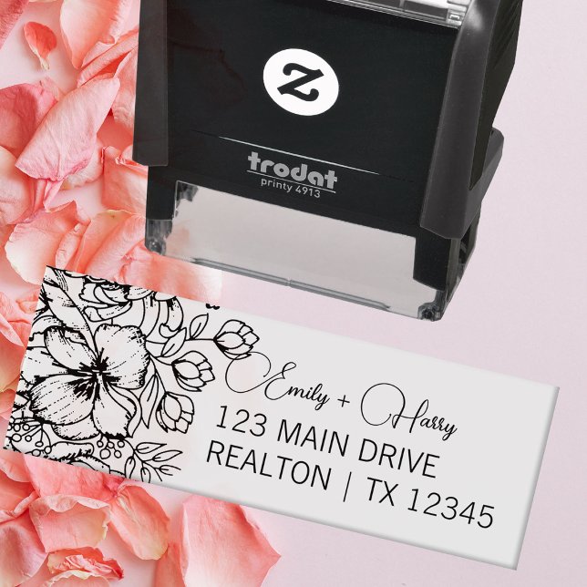Floral Modern Wedding Address | Couple Name Self-inking Stamp (Creator Uploaded)