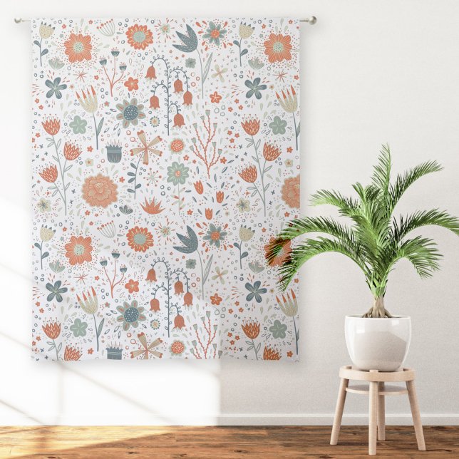Floral Modern Wildflower Sheer Curtains (Modern wildflower floral burnt orange sage green teal botanical sheer or blackout curtains)