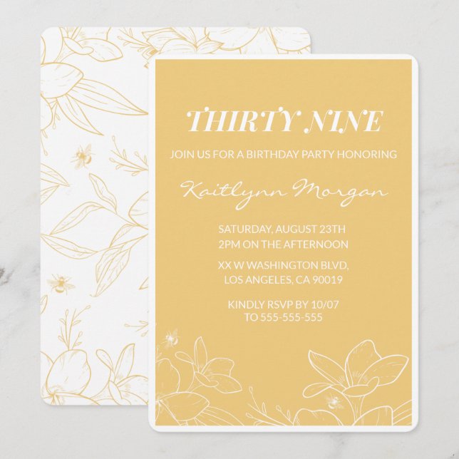 Floral Modern Yellow 39th birthday invitations  (Front/Back)