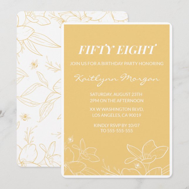 Floral Modern Yellow 58th birthday invitations  (Front/Back)