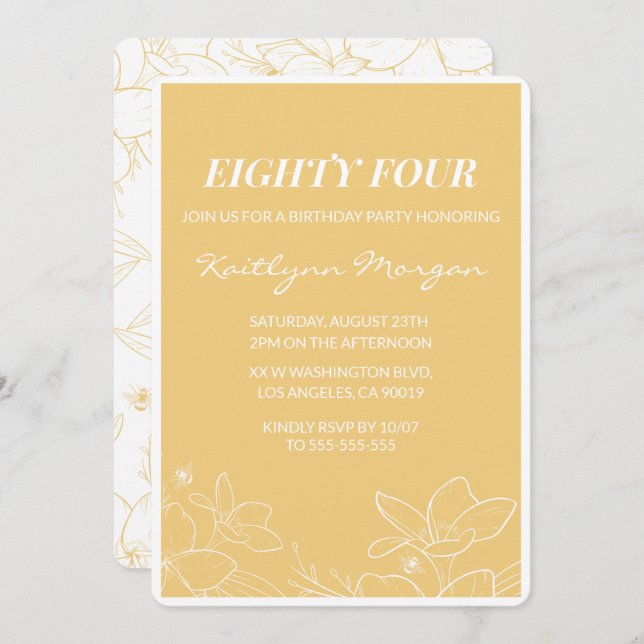 Floral Modern Yellow 84th birthday invitations  (Front/Back)