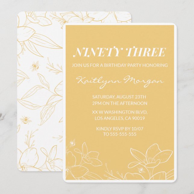 Floral Modern Yellow 93rd birthday invitations  (Front/Back)