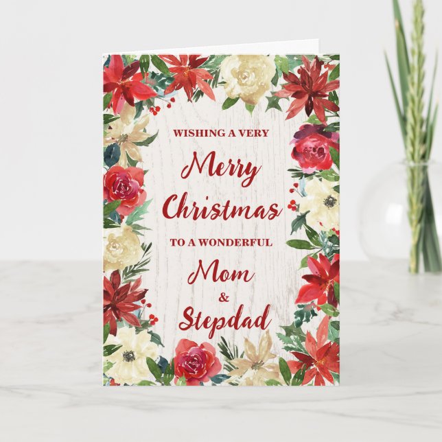 Floral Mom and Stepdad Merry Christmas Card (Front)