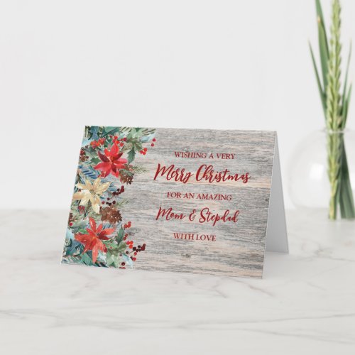 Floral Mom and Stepdad Merry Christmas Card