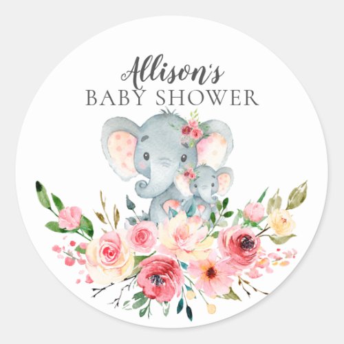 Floral Mom  Baby Elephant Baby Shower Classic Round Sticker
