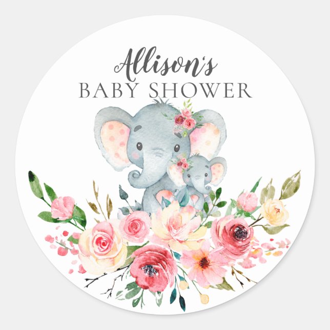 Floral Mom & Baby Elephant Baby Shower Classic Round Sticker (Front)