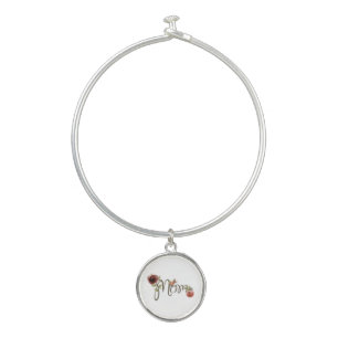 Floral MOM Bangle Bracelet With Round Charm