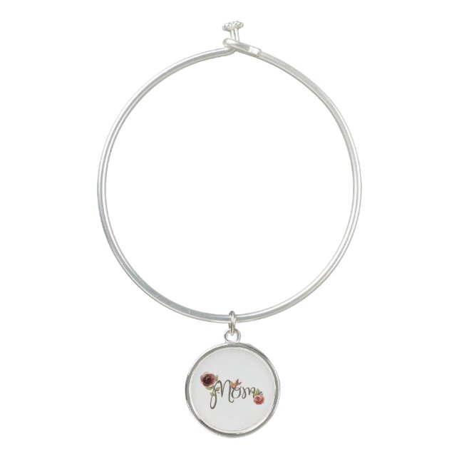 Floral MOM Bangle Bracelet With Round Charm (Front)