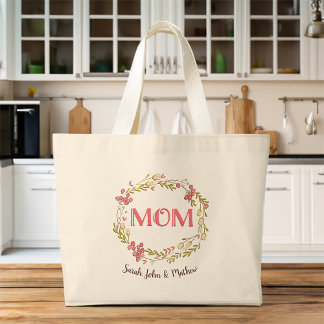 Floral Mom graphic with children names Tote Bag