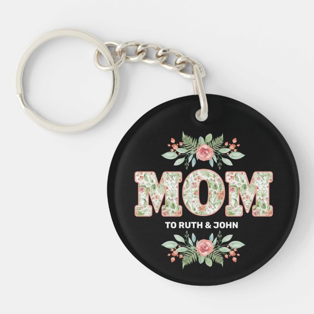 Floral Mom | Modern Mom Kids Names Mother's Day Keychain (Front)