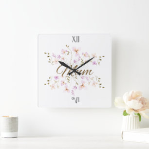 Floral Mom, Mothers Day and Birthday Gift Square Wall Clock