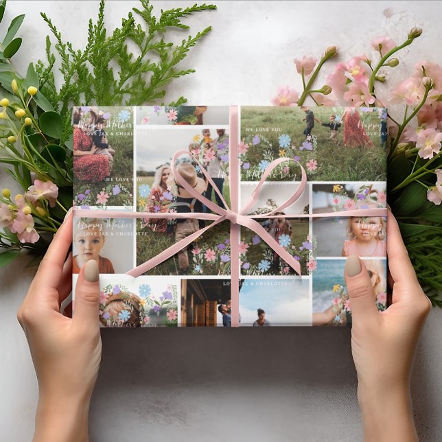 Floral MOM Photo Collage | Personalized 10 Photo Wrapping Paper (Creator Uploaded)
