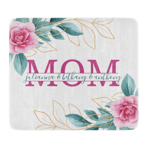 Floral Mom split Monogram with kids names Cutting Board