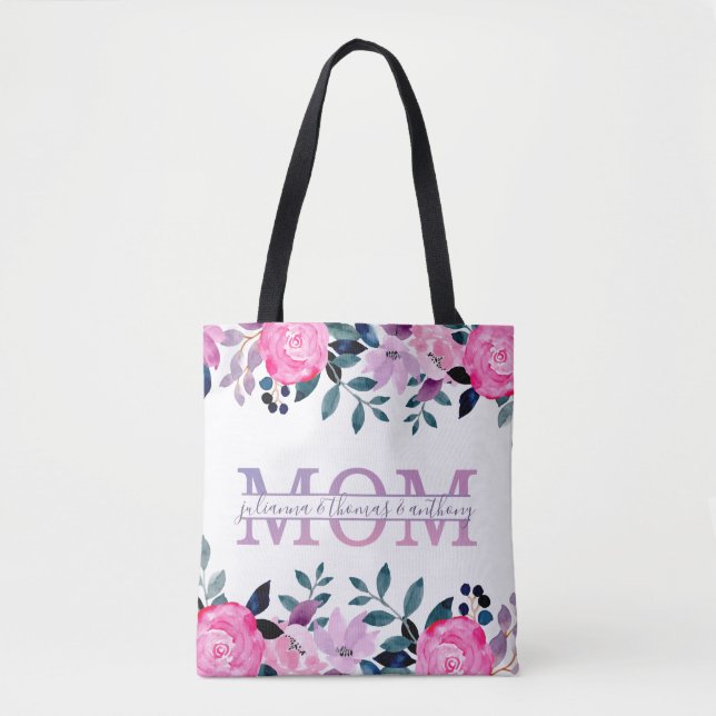 Floral Mom split Monogram with kids names Tote Bag (Front)