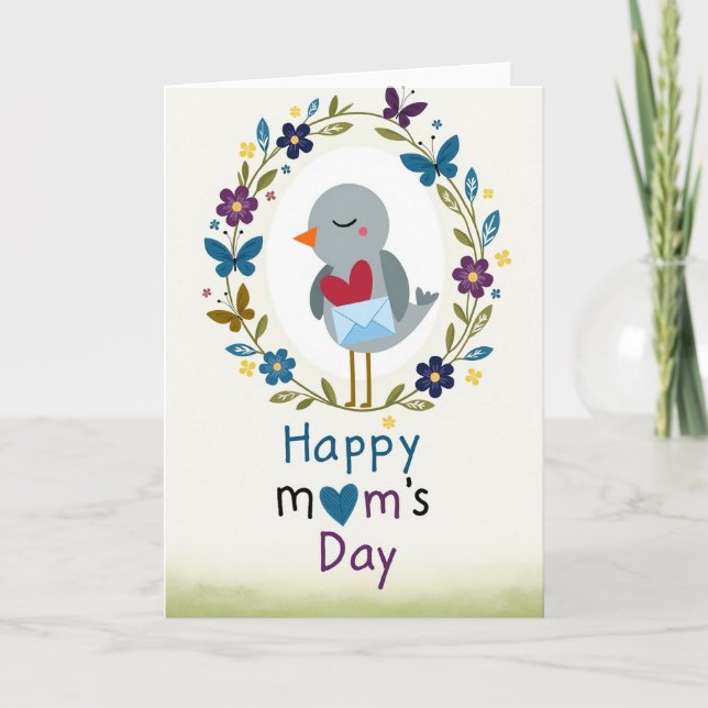 Floral Moms Day Bird Illustration Card (Front)