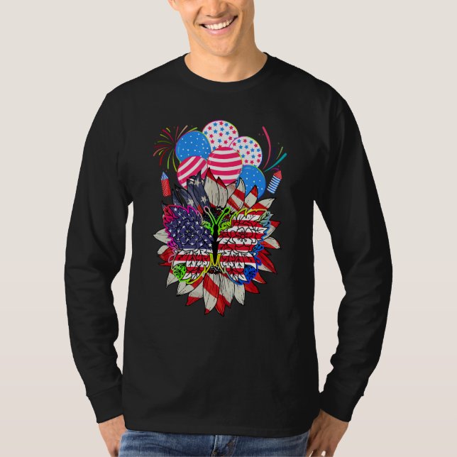 Floral Monarch Butterfly American Flag 4th Of July T-Shirt (Front)