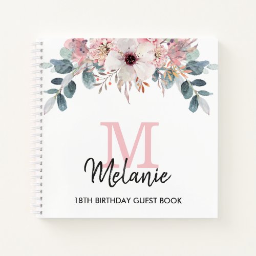 Floral Monogram 18th Birthday Party Guest Book 