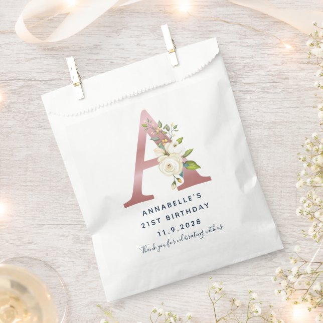 Floral Monogram 21st Birthday Name Custom Favor Bag (Clipped)