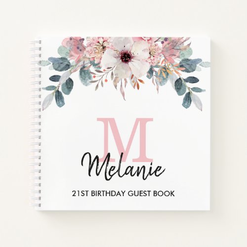 Floral Monogram 21st Birthday Party Guest Book 
