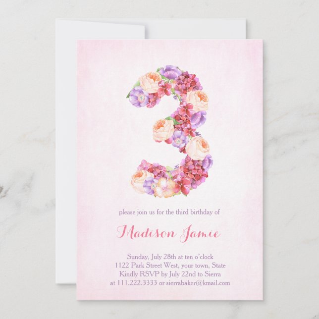floral monogram 3rd birthday cards for girl (Front)