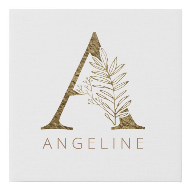 Floral Monogram A Elegant Gold Foliage Faux Canvas Print (Front)