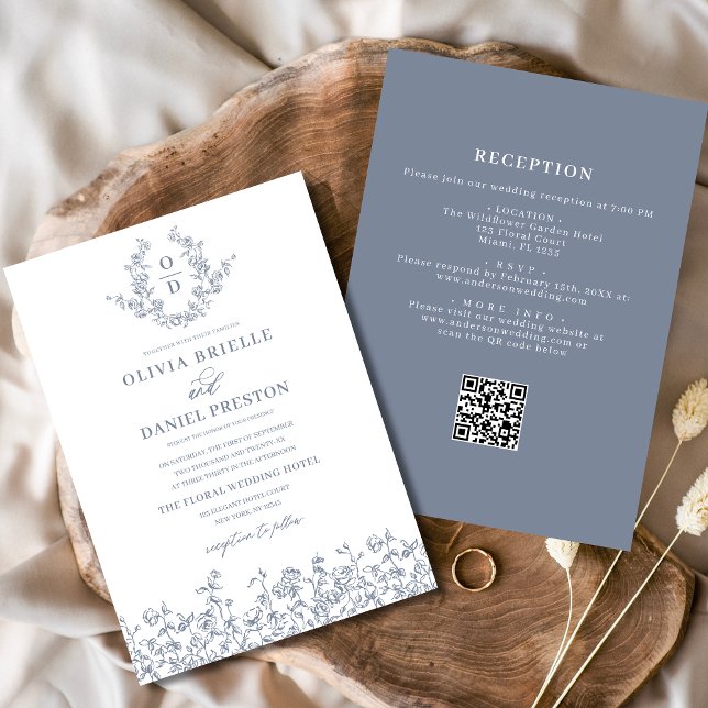 Floral Monogram All in One Dusty Blue Wedding Invitation (Creator Uploaded)