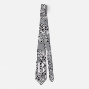 Floral Monogram "B" Black and White Tattoo Flowers Neck Tie