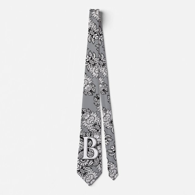 Floral Monogram "B" Black and White Tattoo Flowers Neck Tie (Front)
