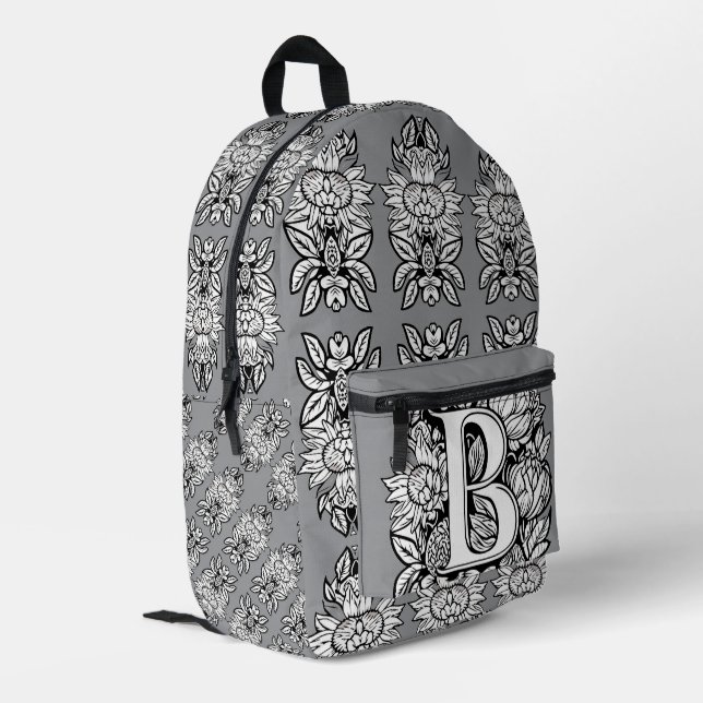 Floral Monogram "B" Black and White Tattoo Flowers Printed Backpack (Back Corner Left)