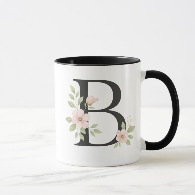 Floral Monogram B Mug – Elegant Letter B with Soft (Right)