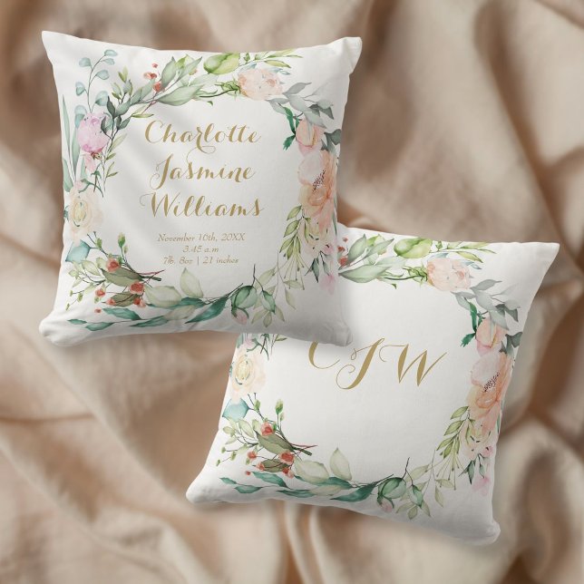 Floral Monogram Baby Birth Stats Nursery Throw Pillow (Creator Uploaded)