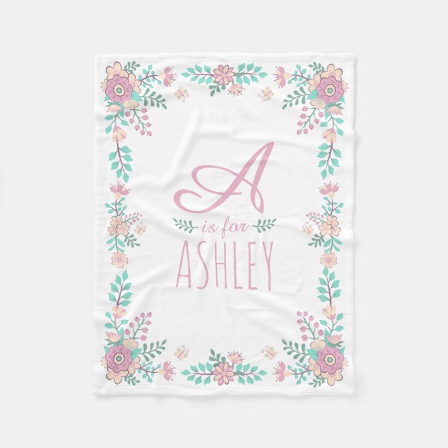 Floral Monogram Baby Girl Fleece Blanket (Front)