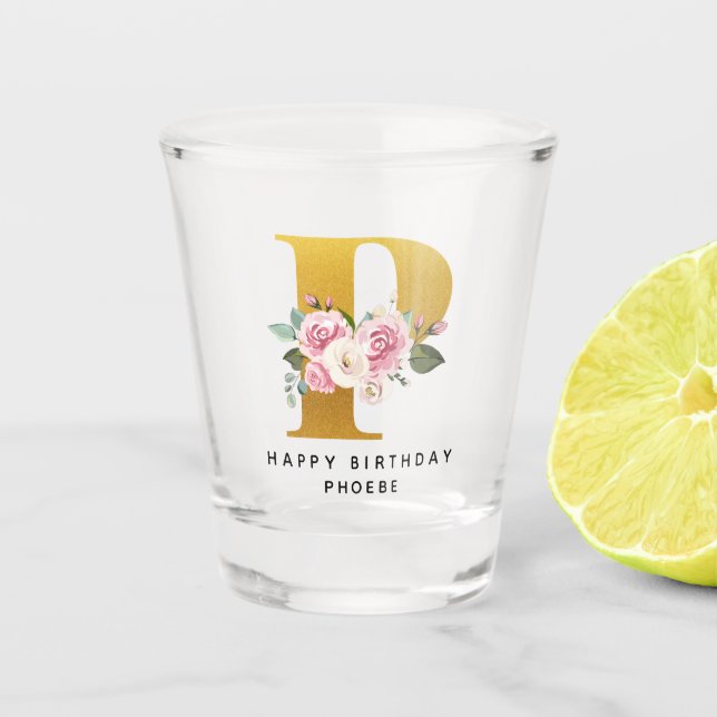 Floral Monogram Birthday Personalized Name Shot Glass (Front)
