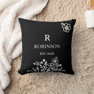 Floral Monogram Black & White Custom Initial Throw Pillow