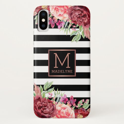 Floral Monogram Black White Striped Rose Gold iPhone X Case