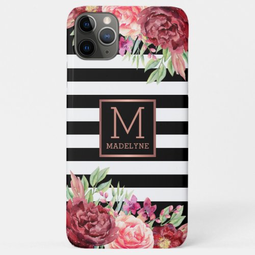 Floral Monogram Black White Striped Rose Gold iPhone 11 Pro Max Case